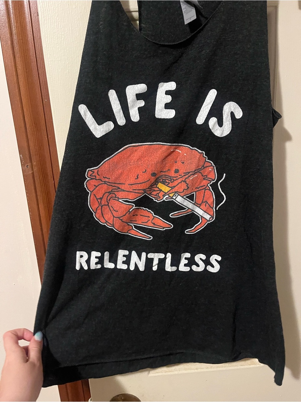 Women’s workout top—“ life is relentless !” silly graphic racerback with crab
